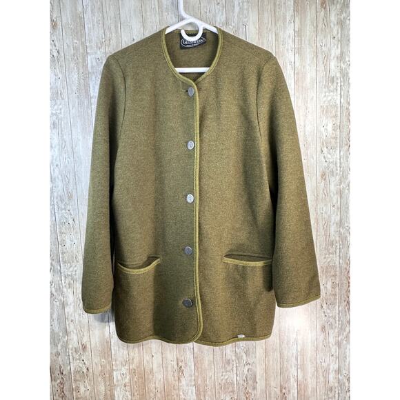 Giesswein Wool Sweater Womens 42 Olive Green Metal Tirol Coin Button Cardigan - Picture 1 of 10